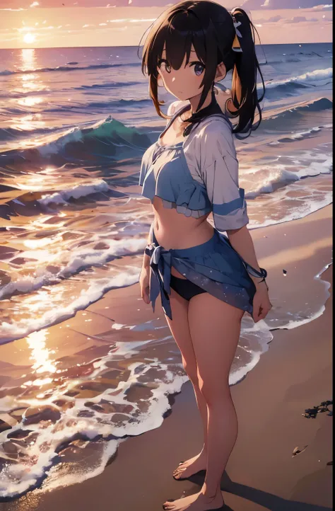 A young girl in a Japanese anime style standing on a deserted white sandy beach, wearing a bikini. The background features a beautiful sunset, with the sky and sea tinted orange by the setting sun. The girl has a relaxed expression, capturing the peaceful ...