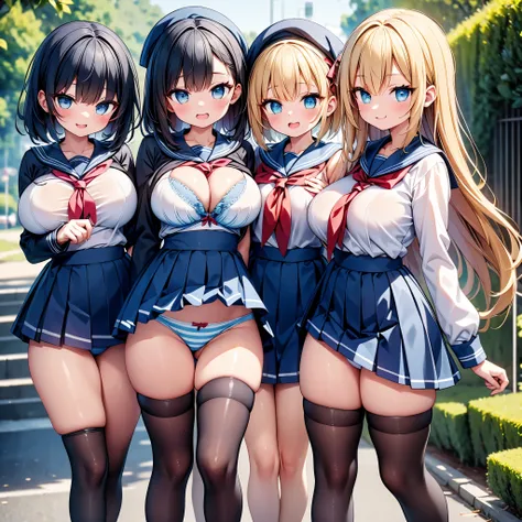 highest quality,wonderful,finely,extremely detailed CG Unity 8K wallpaper, (Stand in line:1.2), (3 girls, cute eyes, sailor uniform, clothed), (huge breasts), (Light blue striped underwear), (bra lift:1.1), (open mouth:1.1), (long tongue:1.1), (mouth drool...