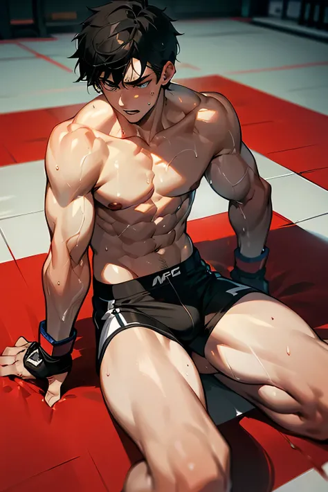 shirtless handsome manly short black hair caucasian male mma fighter, mma gloves, white mma shorts, barefoot, sweat-drenched, soaking wet, drenched with sweat, sweating profusely, soaking wet with sweat, panting, exhausted, resting on the floor, in the gym