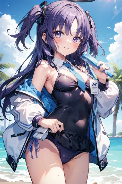 Yuka Hayase、Good looking girl (blush, Perfect Face), independent , Looking at the camera, masterpiece, Anime art style, Cute Characters, Most detailed, high quality、Nico Nico Smile、Swimwear、Purple hair and eyes