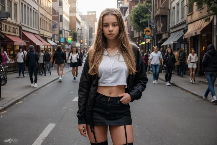 summer, city street, vivid afternoon light, crowd, long hair, blonde hair, 1girl, 18 years old, full body, sneakers, wearing hoo...