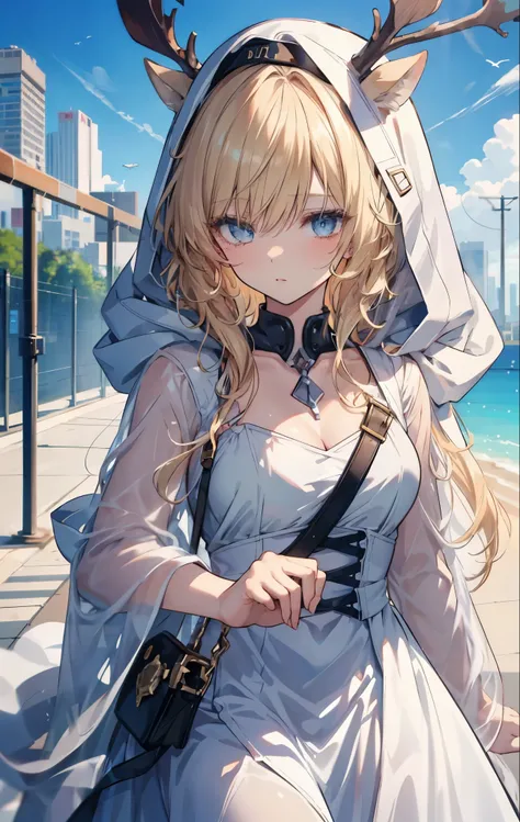 (masterpiece, Top quality, best quality, Official Art, fair), Extreme details, woman, Blonde hair, Long hair, With bangs, blue eyes, White Dress, White Skirt, Sky