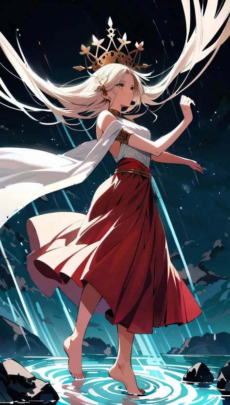 a woman in a red dress is standing in the water, anime style 4 k, blonde anime girl with long hair, anime girl walking on water, 4 k manga wallpaper, anime girl with long hair, anime wallaper, hd anime wallaper, flowing dress, beautiful anime girl, anime w...