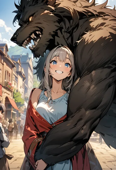 cover page, highres, top quality, best quality, paid reward available, unparalleled masterpiece, perfect artwork, absurdres, High-quality illustrations, super high resolution, detailed background, perfect anatomy, love story of human  girl and giant Werewo...