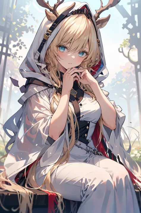 "(best quality, masterpiece:1.2), 1 girl with long blond hair sitting in a field with green trees and flowers, her hand under her chin, Warm lighting, White Dress, Blurred foreground"