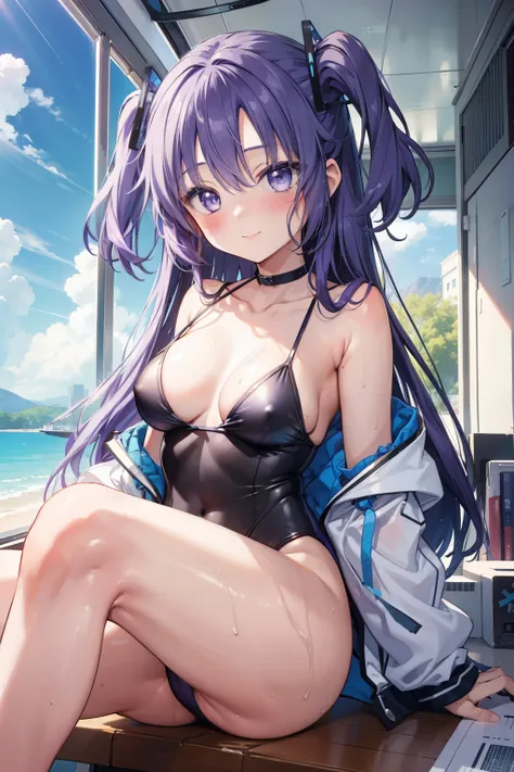 Yuka Hayase、Good looking girl (blush, Perfect Face), independent , Looking at the camera, masterpiece, Anime art style, Cute Characters, Most detailed, high quality、Nico Nico Smile、Sexy purple swimsuit、Purple hair and eyes