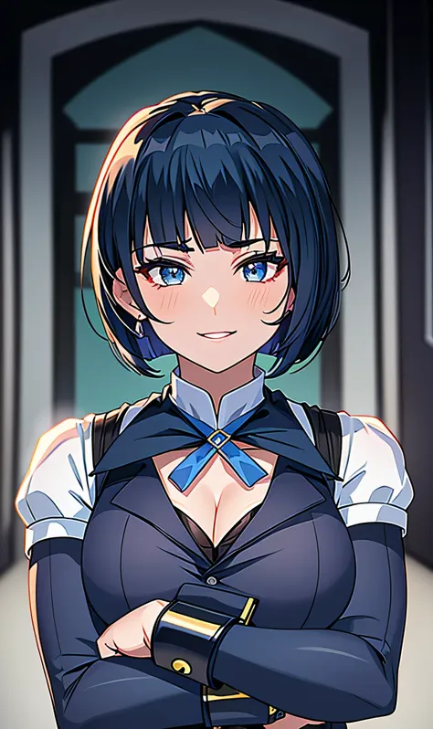 1 women, single, solo, beautiful anime women,
 ((straight hair,very short bob:1.2,short dark blue shoulder-length hair, volumy h...