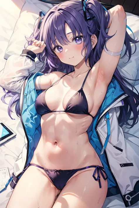 Yuka Hayase、Good looking girl (blush, Perfect Face), independent , Looking at the camera, masterpiece, Anime art style, Cute Characters, Most detailed, high quality、Nico Nico Smile、She is wearing a sexy purple swimsuit、In underwear、Purple hair and eyes、Com...