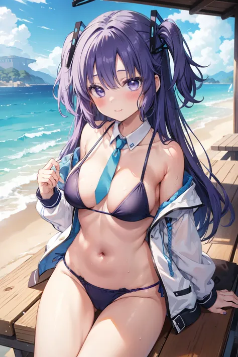 Yuka Hayase、Good looking girl (blush, Perfect Face), independent , Looking at the camera, masterpiece, Anime art style, Cute Characters, Most detailed, high quality、Nico Nico Smile、She is wearing a sexy purple swimsuit、In underwear、Purple hair and eyes、Com...