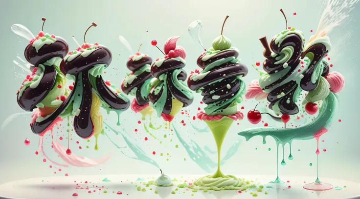 Matcha Ice Cream Cone，Drizzle with dark chocolate sauce，Soft，delicious， panoramic，Vibrant green background，lifelike、Detailed images，Ultra-clear，best quality，Food wallpaper，cherry