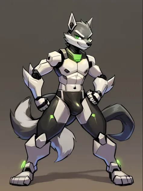 Male, robot Gray wolf, detailed green eyes, long tail, big nipples, slim, sly, simple background, smirk, bulge,  tail wrapping around body，((Fighting Stance))，((a robot wolf showing his sexy beautiful legs and feet))，(split)