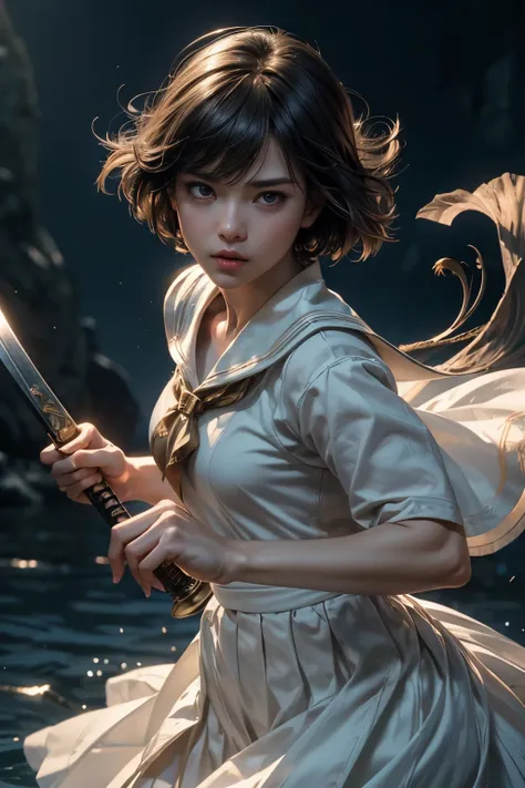 Holding a sword、Ultra-high resolution、((masterpiece)))、(((highest quality)))、((Super detailed))、((Very delicate and beautiful))、Low angle shooting、1 girl、solo、short hair、(whole body)、A tense shot、Visual Impact、Pleated skirt、Realistic Face、Realistic Skin、Cu...