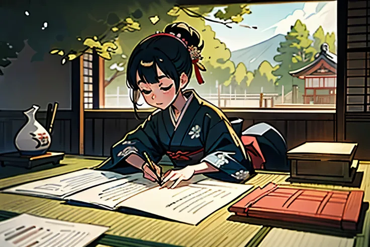 A woman wearing a kimono、Writing a letter with a pen、Japanese-style house、Japanese-style accessories、There is a tree growing outside