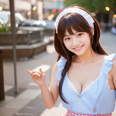 Cute face like a 15-year-old idol　Smiling Kindly　Maid clothes　Cosplay　Cleavage　Slightly large bust　RAW Photos　Genuine　Real　High definition　Raw photo　city