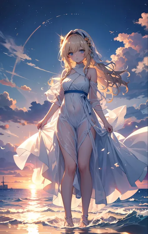 Dancing on the sea is a very beautiful scene, including elements like waves, sprays, girls, long dresses, wind, and the skyline. In this scenario, the residual glow of the sunset is sprinkled on the sea, casting a shadow on the girl. She is wearing a flowi...