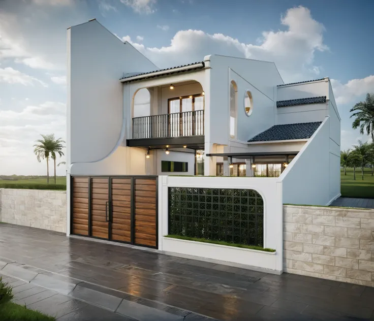 exterior house, contemporary style, white wall, wood wall, wood door, glass window, (realistic:1.2), Masterpiece, high quality, best quality, authentic, super detail, outdoors,road,pavement, grass, trees, sky, cloud, (daylight:1.1)