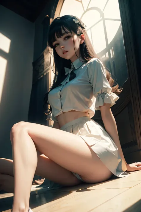 real、long legs、full、feminine、white shirt、mini skirt、high heel,very delicate face,realistic lighting and shading, (Very delicate and beautiful art)1.3, It&#39;s elegant,dramatic shadow、very detailed。high quality、High resolution、16k、RAW、超High resolution、supe...