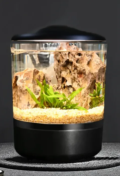 A black matte metal lid, Soft curves, Simple styling, Bauhaus, best quality, UHD, masterpiece, 4K, 8k, high details, high quality，there is a Fish Tank with a rock and plants in it, Drying the Aquarium, water flows inside the Terrarium, Fish Tank, Rock grou...