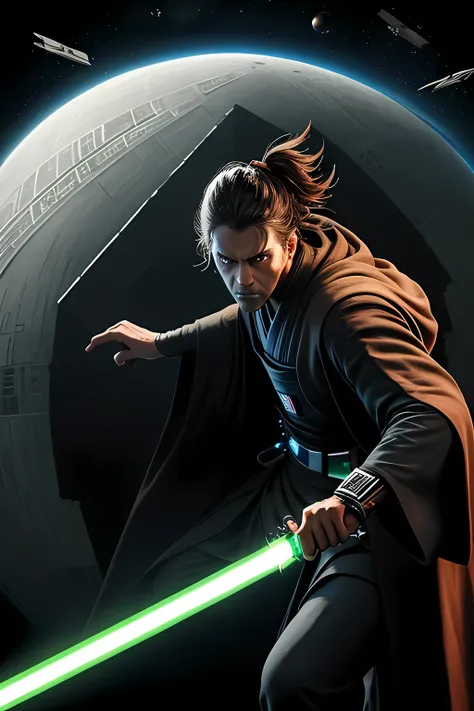 Jedi swordsman, fighting with a lightsaber, with the Death Star floating in space behind him, best quality, 8k, high resolution, ultra-detailed, extremely detailed, top quality, realistic, 