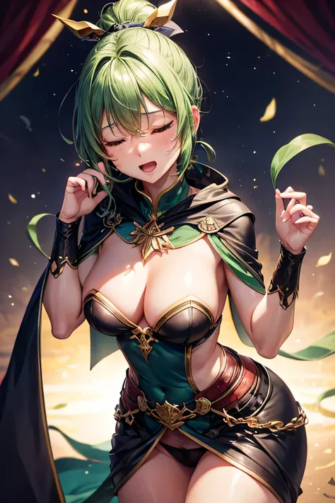 (((Close ~ eyes)))、(((Open your mouth)))、((Cape))、((Green tattoo))、naked、(((pubic hair)))、Female organ、Beautiful woman、Green hair short ponytail、((whole body))、night、The background is the night forest