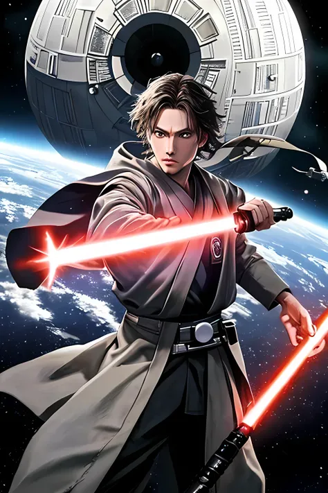 Jedi swordsman, fighting with a lightsaber, with the Death Star floating in space behind him, best quality, 8k, high resolution, ultra-detailed, extremely detailed, top quality, 