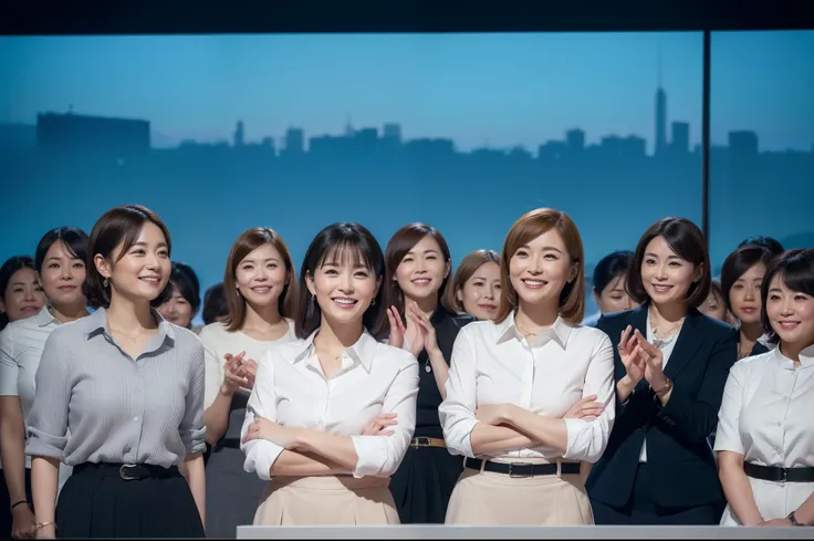 ((highest quality, 8k, Representative works in detail, Ultra-high resolution)), (women group photo), (Looking at the audience), (Mid Shot:), Five attractive business women、Only women 5 people, A little chubby:0.25, White collared shirt, Grey Skirt, (office...