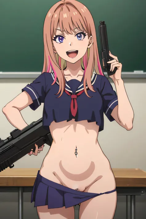 nikoruyamana, nikoru yamana, long hair, bangs, (purple eyes:1.1), pink hair, multicolored hair, two-tone hair, streaked hair, makeup,
masterpiece, best quality, highly detailed, a anime girls in sailor uniforms with a gun posing for a picture,
evil smile, ...