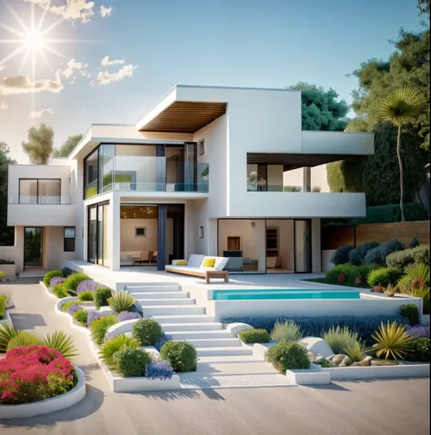 1 nsantorini style house, The town house is made from white walls, beautyful light, beautyfulday, sunny, Many red bougainvilleas along the road:1.3, lovely youthful feeling :1.2, sunlight at 12 noon, Very beautiful shadows