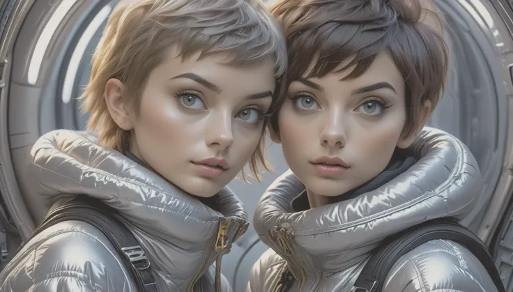 Masterpiece, Best Quality, ((two girls in open shiny puffer, no makeup, small perky breasts, extremely detailed face, beautiful detailed eyes, beautiful detailed lips, short colored pixie hair, small hips, unsecure expression, enticing, in a spaceship))