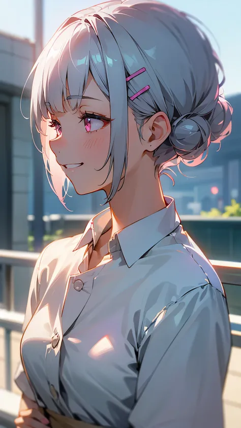 １girl、Short silver bob hair tied in a bun with a hair clip, Pink Eyes、Grin、profile、Upper body close-up、Morning Cafe Terrace、Background blur, The depth of the drawn boundaries