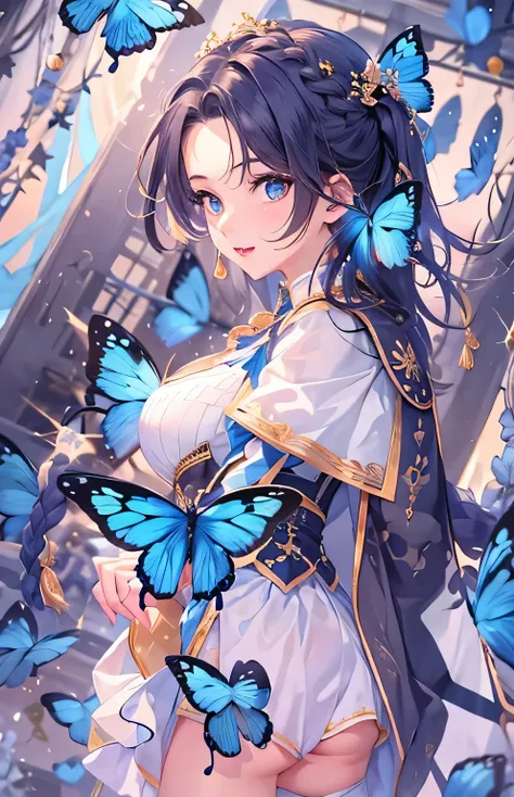 ((highest quality)), ((masterpiece)), (Get used to it), Perfect Face , beautiful girl , Big Breasts , Long and beautiful hair , Braided hair , Blue Butterfly々 ,