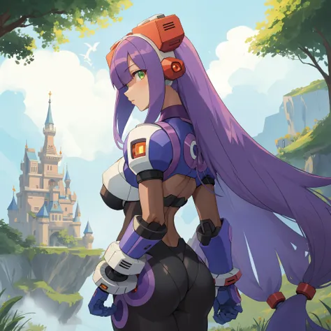 layer_megamanx, 1girl, solo, long hair, purple hair, green eyes, blunt bangs, hair over eyes, large breasts, dark skin, dark-skinned female, android, underboob, robot ears, high quality, masterpiece, standing next to a swamp and castle surrounded by mist, ...