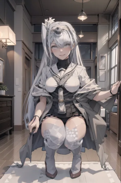 highest quality, masterpiece, High resolution,Perfect Anatomy,1 person fuyutsukiKC, (fuyutsuki) ,((Silver Hair))
smile,blush, (indoor, office, living room), 
((Full Body View)), (Skirt Lift),(Panties fully exposed),Squat