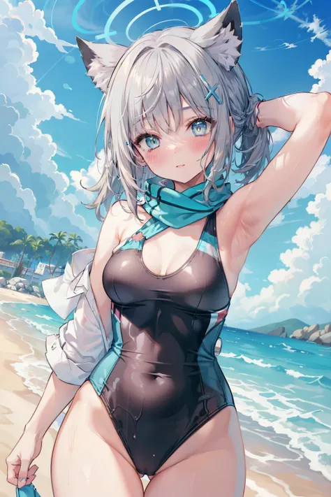 Sand Wolf Shiroko、Good looking girl (blush, Perfect Face), independent , Looking at the camera, masterpiece, Anime art style, Cute Characters, Most detailed, high quality、Nico Nico Smile、Sexy Swimsuit、Coming to the sea、Showing armpits、