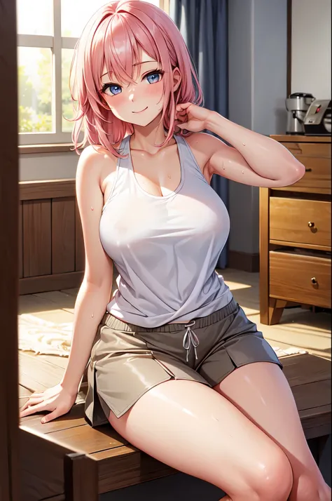 (High quality, High resolution, Fine details), living room, Morning sun shining through, BREAK White tank top shirt, BREAK (Gray shorts), solo, curvy women, Shaggy pink hair, sparkling eyes, (Detailed eyes:1.2), smile, blush, Sweat, Oily skin, Soft tones, ...