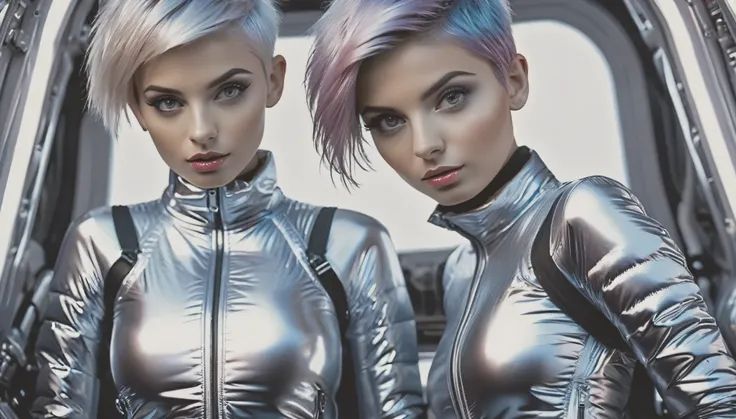 Masterpiece, Best Quality, ((two girls in open shiny puffer, no makeup, small perky breasts, extremely detailed face, beautiful detailed eyes, beautiful detailed lips, short colored pixie hair, small hips, unsecure expression, enticing, in a spaceship))