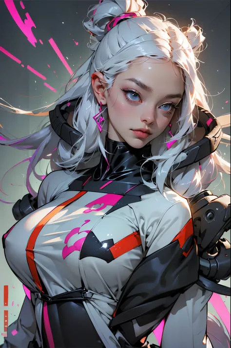 Red, pink, white, black, (platinum white hair woman, accentuated super huge enormously gigantic tits with cleavage showing, sexy seductive slutty pose),tattoo sleeves, (harajuku inspired hip hop cyberpunk techwear clothes:1.1),abstract swirling graffiti pa...