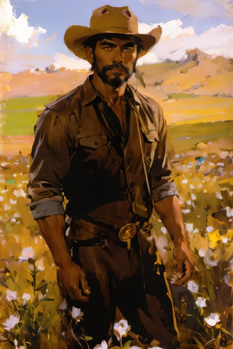 lone male cowboy holding wild roses on a field, brown attire, filipino american, handsome face, light facial hair, medium length hair, light brown cowboy hat,