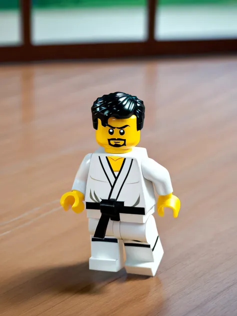 lego minifig,a photo of ( karateka man) in gym with parquet floor