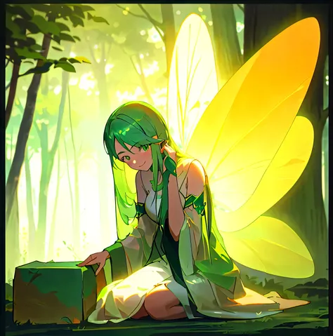 anime - style image of a woman dressed in green sitting on a bench, artgerm and atey ghailan, forest fairy, forest fae, smiling as a queen of fairies, fey queen of the summer forest, artwork in the style of guweiz, faerie, portrait of a fairy, fairy cgsoci...