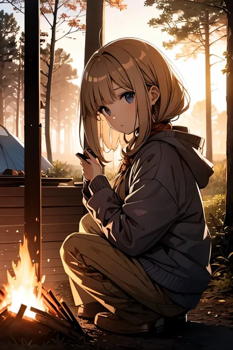 Solo Camping、Beautiful girl making a bonfire、hair is brown and semi-long、