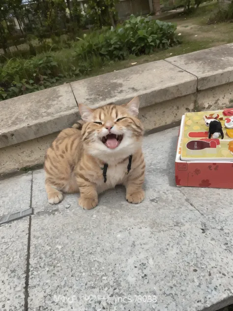 there is a cat that is sitting on the ground, the cat is smiling, he is very happy, a cat is smiling, happy with his mouth open, happy cat, funny cat, he is screaming, 