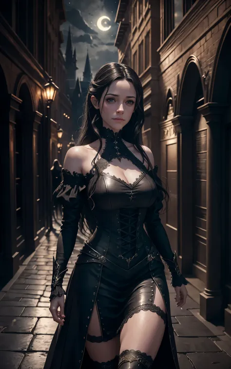 (Emmy Rossum:Evangeline Lilly) An ultra detailed, a beautiful goth girl with long straight hair in a short black dress is walking through a gothic city, moonlight, gothic fashion, dark fantasy style, hyper realistic, realism, digital art, cinematic, perfec...