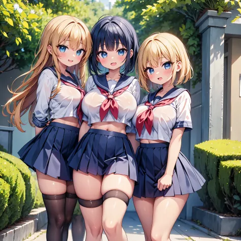 highest quality,wonderful,finely,extremely detailed CG Unity 8K wallpaper, (3 girls, Stand in line:1.3), (cute eyes, Sailor suit:1.1, clothed), (sparkling eyes:1.2), (huge breasts), (open mouth:1.1), (long tongue:1.1), (mouth drool:1.1), (black stockings:1...