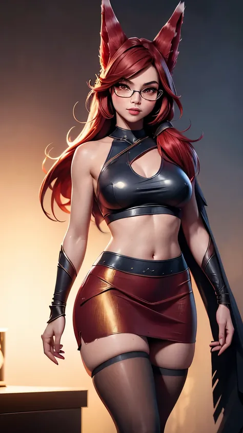 (ultra realistic,32k,RAW photo:1.1), (League of Legends), (high detailed skin:1.1), 8k uhd, dslr, ((bed room background)), ((Animal ears)), ((orange eyes)), high quality, ((black sports bra)), ((beautiful Face)), ((black pantyhose)), film grain, ((glasses)...