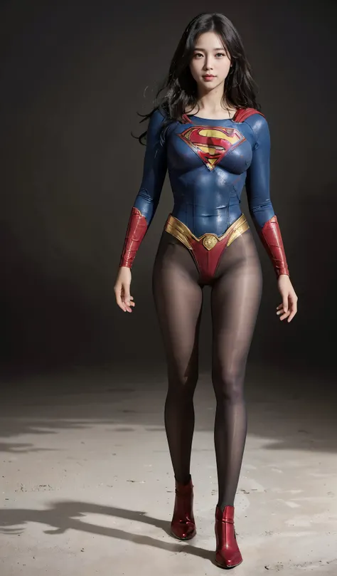 No background、(((Beautiful legs in black tights.)))、(((Legally express the beauty of your smile)))、((((Make the most of your original images)))、(((Supergirl Costume)))、(((Beautiful Hair)))、(((suffering)))、(((Please wear black tights....、Wear red boots)))、(...