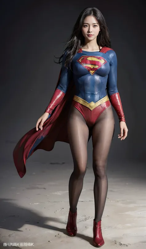 No background、(((Beautiful legs in black tights.)))、(((Legally express the beauty of your smile)))、((((Make the most of your original images)))、(((Supergirl Costume)))、(((Beautiful Hair)))、(((suffering)))、(((Please wear black tights....、Wear red boots)))、(...