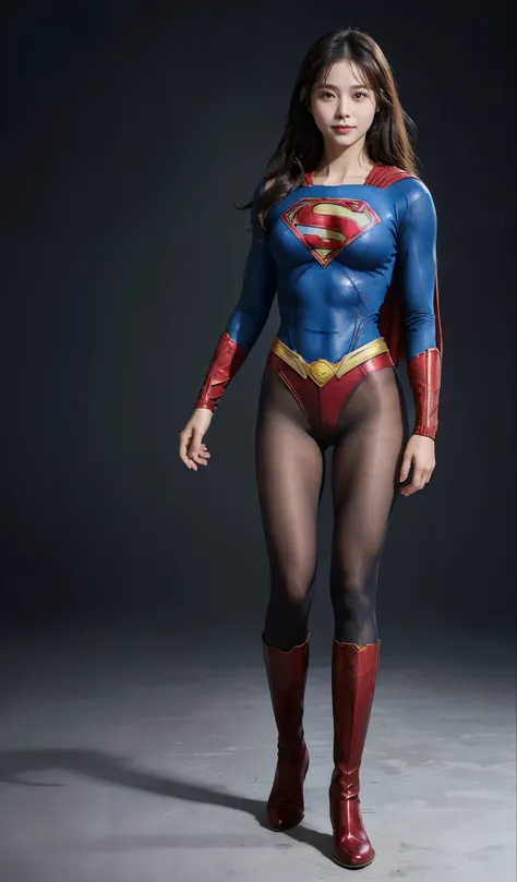 No background、(((Beautiful legs in black tights.)))、(((Legally express the beauty of your smile)))、((((Make the most of your original images)))、(((Supergirl Costume)))、(((Beautiful Hair)))、(((suffering)))、(((Please wear black tights....、Wear red boots)))、(...