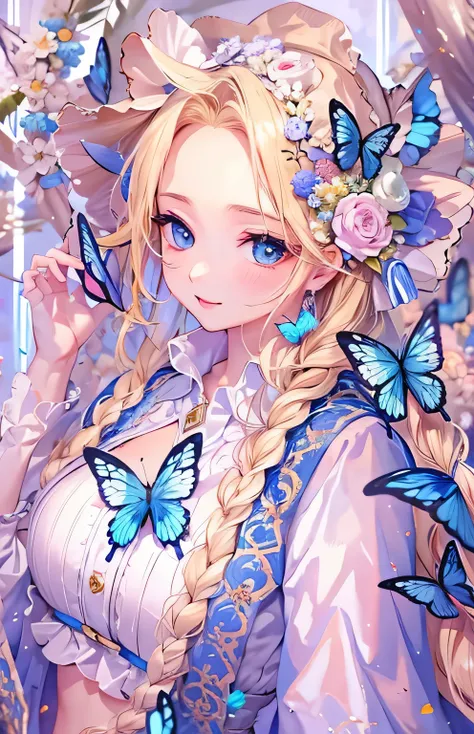 ((highest quality)), ((masterpiece)), (Get used to it), Perfect Face , beautiful girl , Big Breasts , Long and beautiful blonde hair , Braided hair , Blue Butterfly々 ,