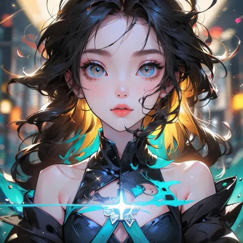 Masterpiece, best quality, super high resolution, fluorescent color,1 girl, looking at the audience, beautiful face, beautiful eyes, (bare shoulder: 1.2), head up, upper body, forest, shiny hair, shiny skin, glowing cut, chibi,: 1.5, black starlight dress,...